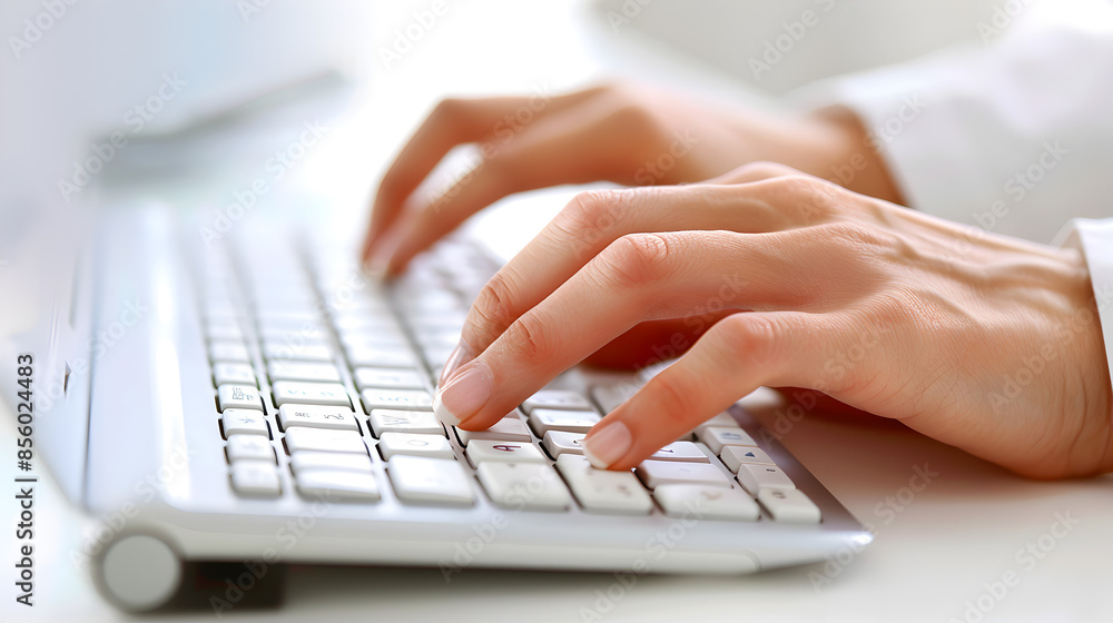 A macro photograph of a businesswoman's hands typing on a wireless keyboard.
A macro photograph of a businesswoman's hands typing on a wireless keyboard.