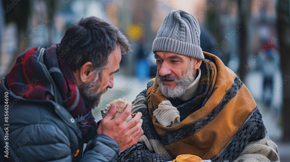 A homeless man chatting with a kind stranger who is offering food and a blanket, creating a moment of human connection A homeless man chatting with a kind stranger who is offering food and a blanket, creating a moment of human connection