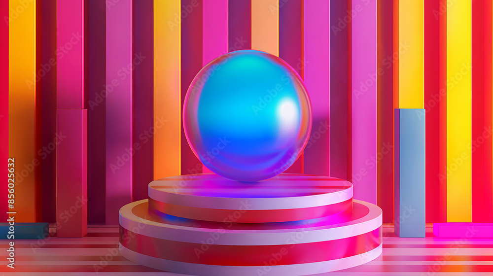 A blue sphere is on a pedestal in front of a colorful striped wall. The sphere is surrounded by a red and yellow background, creating a vibrant and eye-catching display A blue sphere is on a pedestal in front of a colorful striped wall. The sphere is surrounded by a red and yellow background, creating a vibrant and eye-catching display