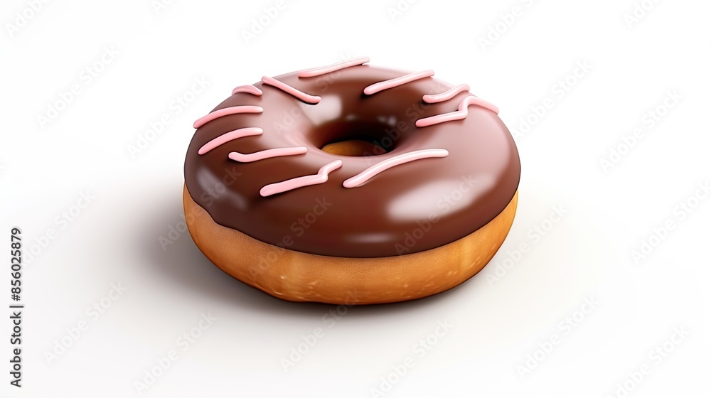 A delicious chocolate donut with pink icing on top. The donut is sitting on a white background. A delicious chocolate donut with pink icing on top. The donut is sitting on a white background.