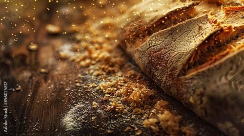 Detailed Sourdough Bread Crust: A macro image focusing on the crust of a rustic sourdough bread loaf, highlighting photo