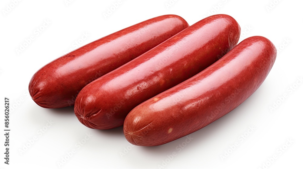 Three juicy sausages isolated on white background. Three juicy sausages isolated on white background.