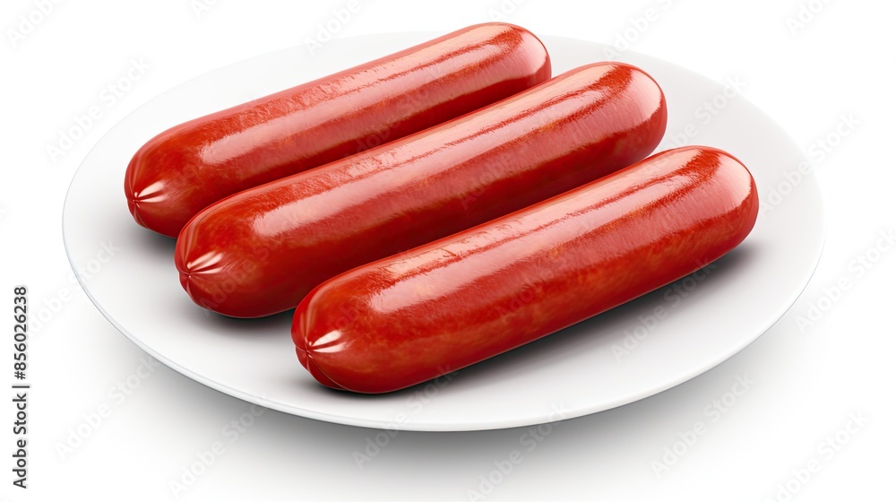 Three juicy sausages on a white plate. The sausages are plump and have a delicious golden brown color. They are arranged in a triangle on the plate. Three juicy sausages on a white plate. The sausages are plump and have a delicious golden brown color. They are arranged in a triangle on the plate.
