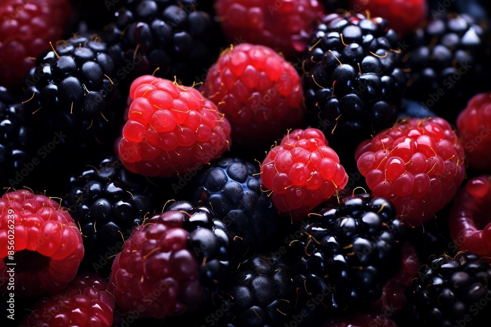 Close up view of ripe red raspberries and blackberries Close up view of ripe red raspberries and blackberries