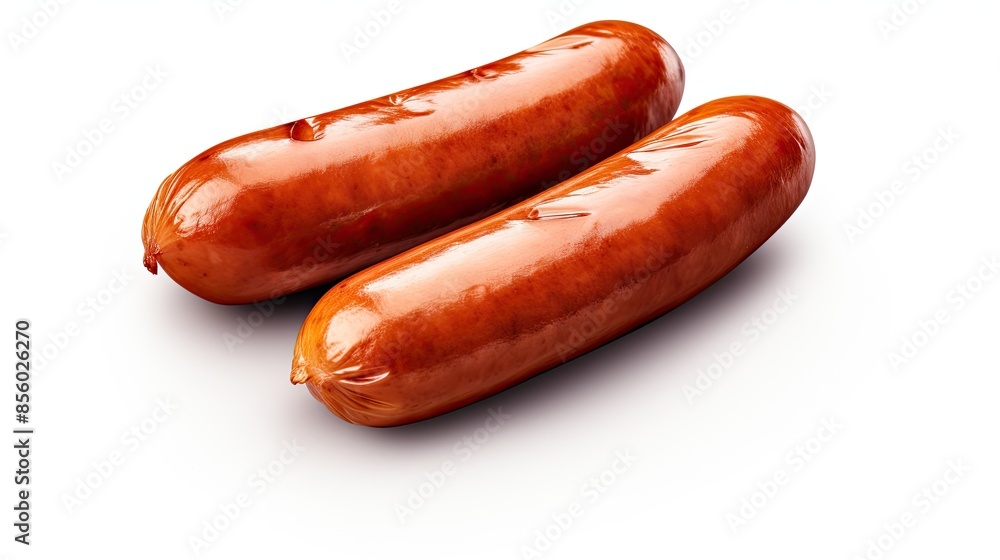 Two delicious looking sausages, isolated on a white background. Perfect for a quick and easy meal. Two delicious looking sausages, isolated on a white background. Perfect for a quick and easy meal.