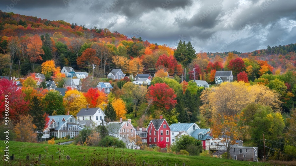 Obraz premium A picturesque hillside covered in colorful autumn foliage, with a quaint village below. 