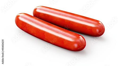 Two juicy hot sausages. Isolated on white background. 3d rendering.
