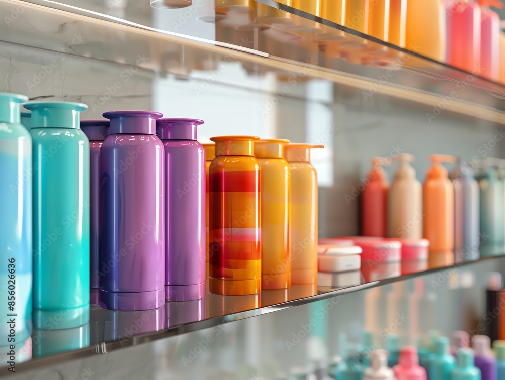 A vibrant hair color foam canister with an ergonomic design, placed on a glass shelf A vibrant hair color foam canister with an ergonomic design, placed on a glass shelf