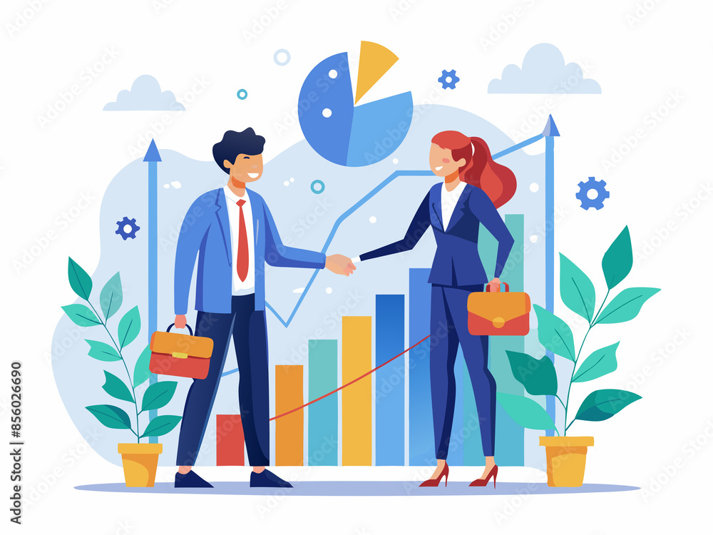 Business partners shaking hands, with a large chart showing success in the background Business partners shaking hands, with a large chart showing success in the background