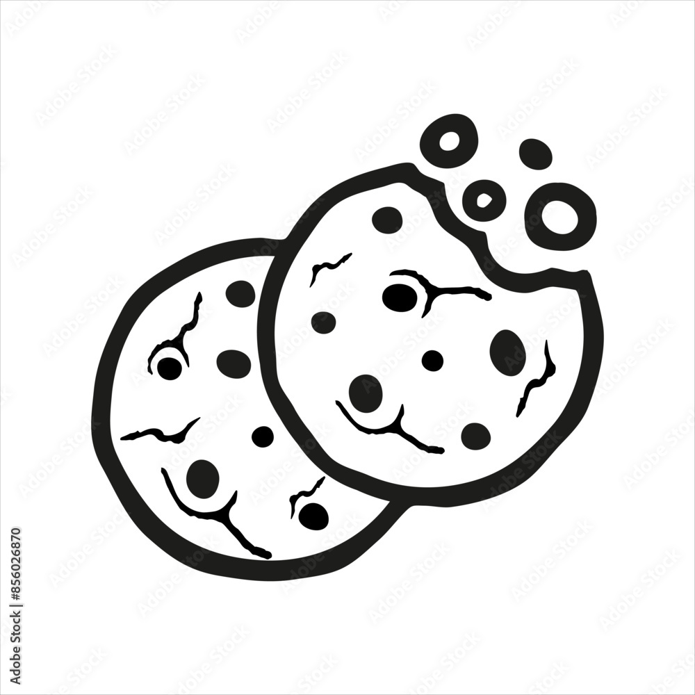 Two chip cookies icon. Simple cookie icon vector illustration. Bitten cookies silhouette or logo. Round black and white biscuit symbol isolated on white Two chip cookies icon. Simple cookie icon vector illustration. Bitten cookies silhouette or logo. Round black and white biscuit symbol isolated on white