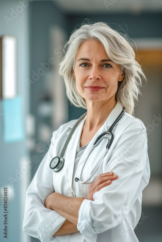 A confident female doctor with grey hair and a stethoscope, standing with arms crossed in a medical facility