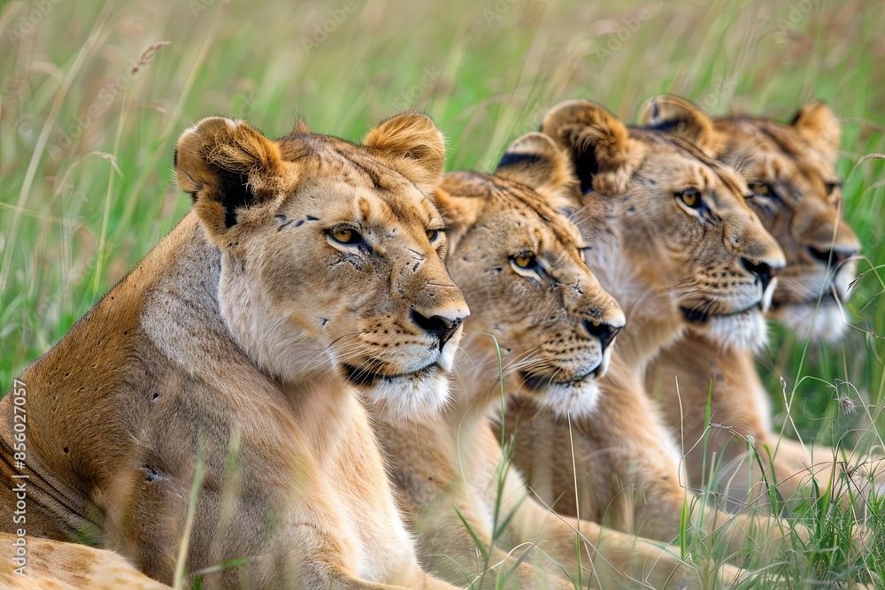 A pride of female lions lying and looking proudly ahead at the swan during sunset. A pride of female lions lying and looking proudly ahead at the swan during sunset.