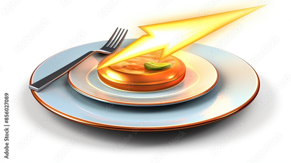 3d illustration of a plate with a fork and a golden steak on it. The steak is being struck by a lightning bolt. The plate is sitting on a white table. 3d illustration of a plate with a fork and a golden steak on it. The steak is being struck by a lightning bolt. The plate is sitting on a white table.