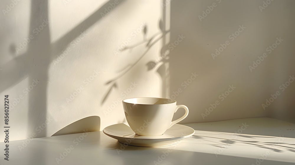 Fototapeta premium A cup and saucer on a table with a white background, in the style of coffee art, minimalist composition, high resolution, subtle shadows, neutral tones.