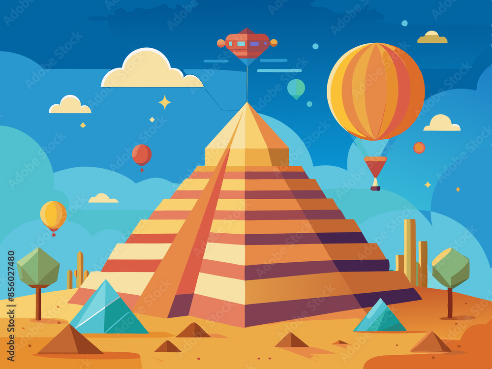 A pyramid with a hot air balloon floating nearby A pyramid with a hot air balloon floating nearby