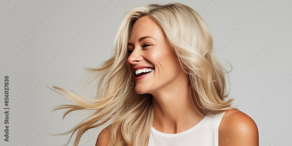 Joyful studio shot of a blonde woman with bleached hair and highlights, laughing and exuding happiness and natural beauty.