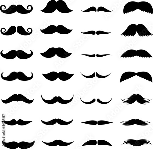 Icon set about various mustache whisker tendril. Icons, flat vector illustrations, isolated on white, transparent background. Mustaches whiskers tendrils
