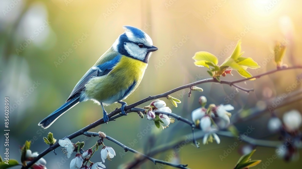 Fototapeta premium Blue tit perched on a green twig during the spring season