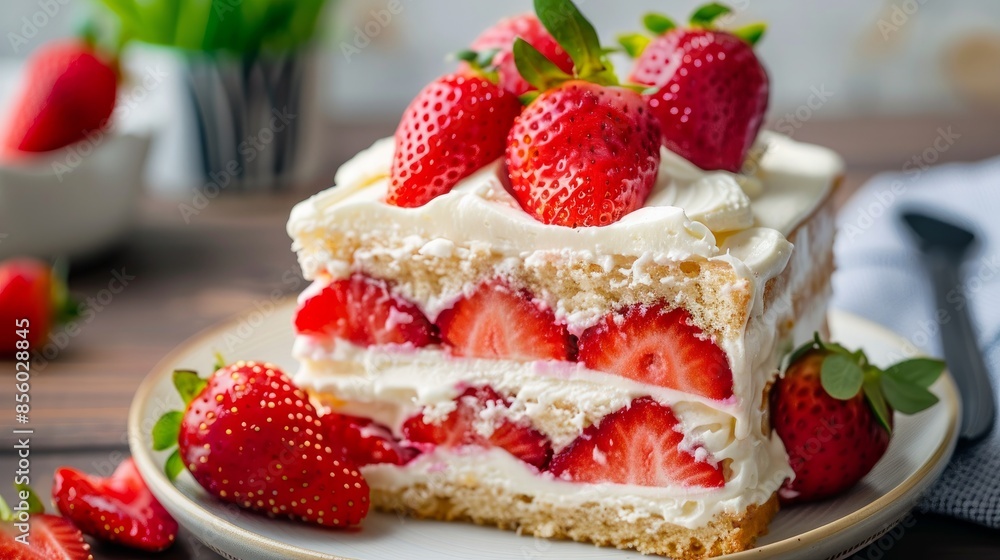 Fluffy cake filled with sweet strawberries and creamy vanilla pudding Fluffy cake filled with sweet strawberries and creamy vanilla pudding