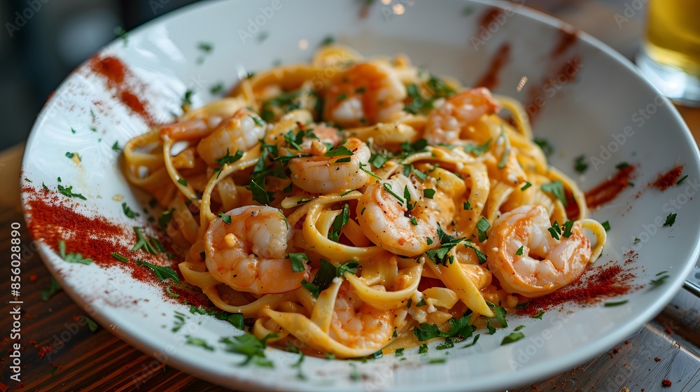 Fettuccine with Shrimp on a white plate on a wooden table. Fettuccine with Shrimp on a white plate on a wooden table.