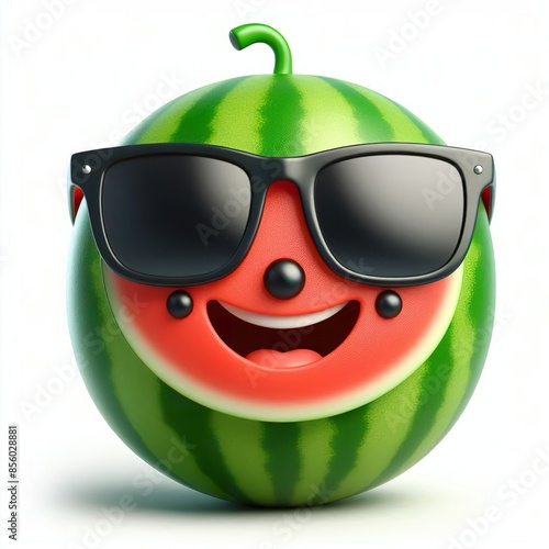 3D cartoon of a Happy watermelon fruit wearing sunglasses isolated white background