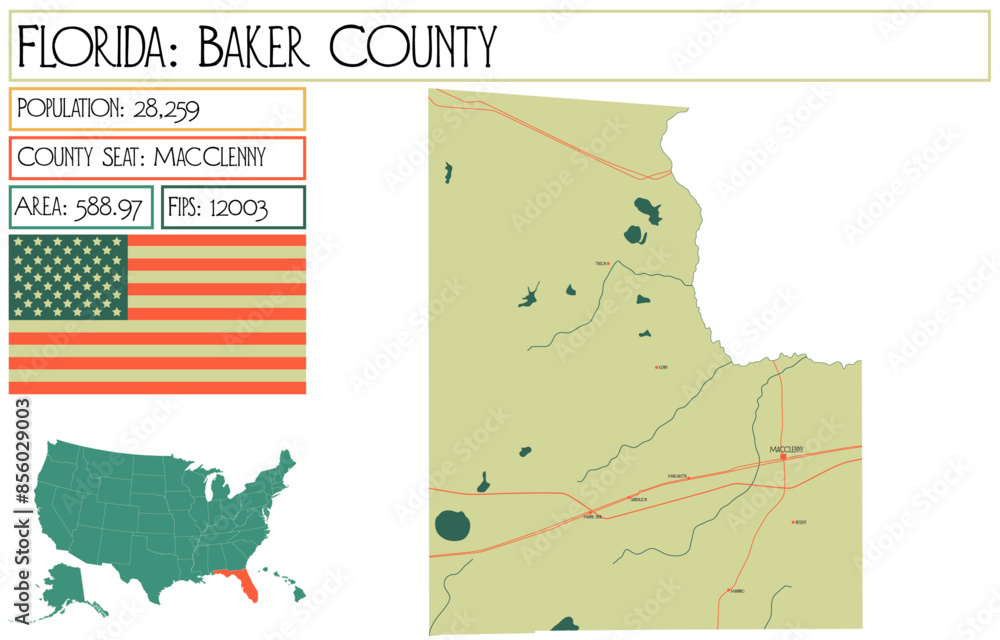 Fototapeta Large and detailed map of Baker County in Florida USA.