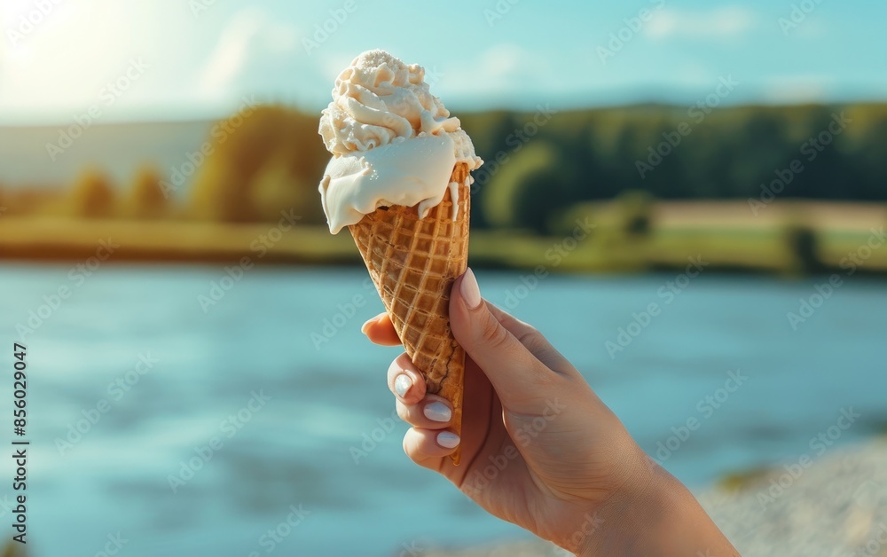 Woman's hand holding a melting ice cream in a waffle cone against a summer landscape by the river
