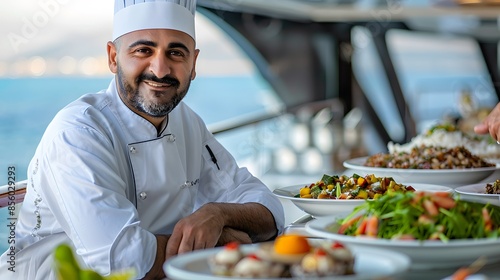 The creative chef on board Mediterranean luxury cruise ship with an Indian and Turkish fusion kitchen serving mouthwatering dishes. photo