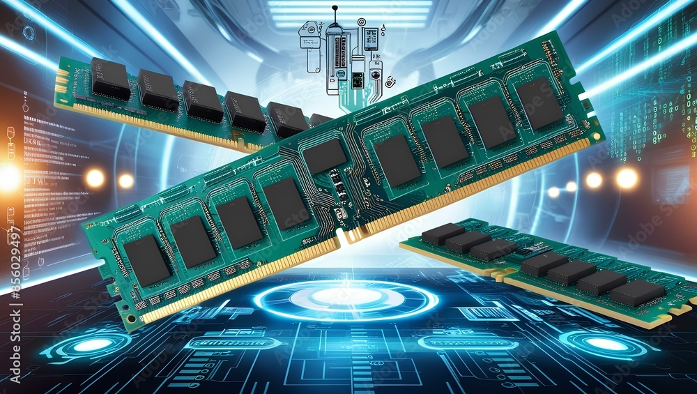 Fototapeta premium Computer memory modules in a high-tech environment, show multiple RAM sticks installed on a motherboard or floating in a virtual space