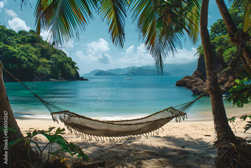 Hammock Strung Between Palm Trees on Secluded Tropical Beach.