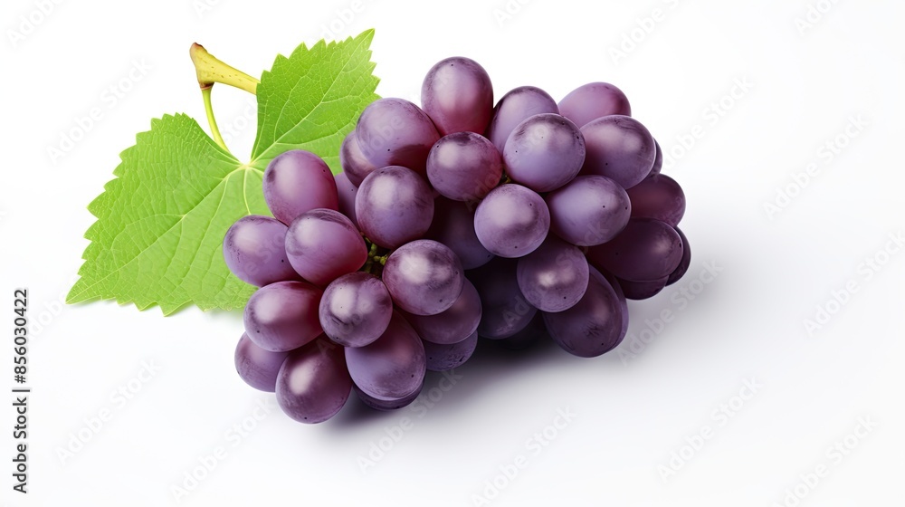 Fototapeta premium A beautiful bunch of purple grapes with green leaves, isolated on a white background.