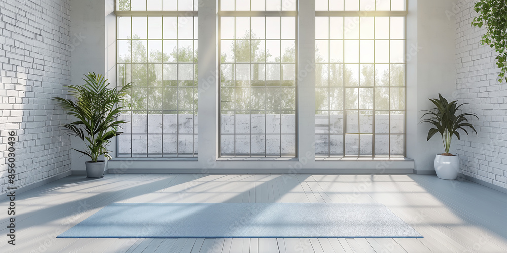 Fototapeta premium A yoga studio with sunlight streaming through the windows.