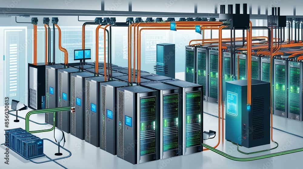 Fototapeta premium The Pulse of Technological Infrastructure, captures the essence of a modern data center, showcasing its pivotal role in digital operations and data management