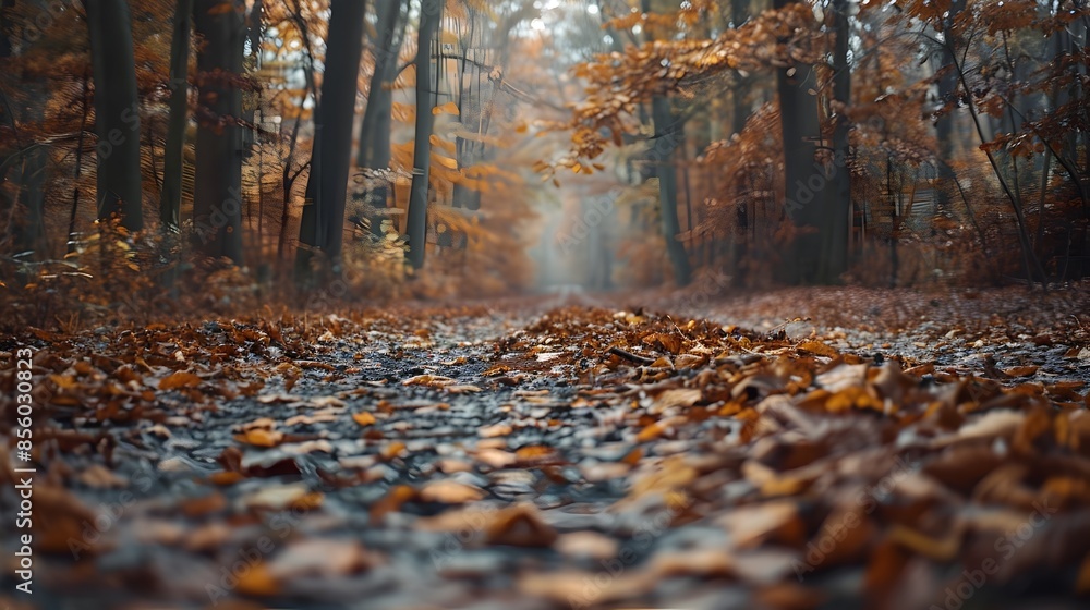 Serene Autumn Forest Path Covered in Fallen Leaves with Blurred Background Serene Autumn Forest Path Covered in Fallen Leaves with Blurred Background