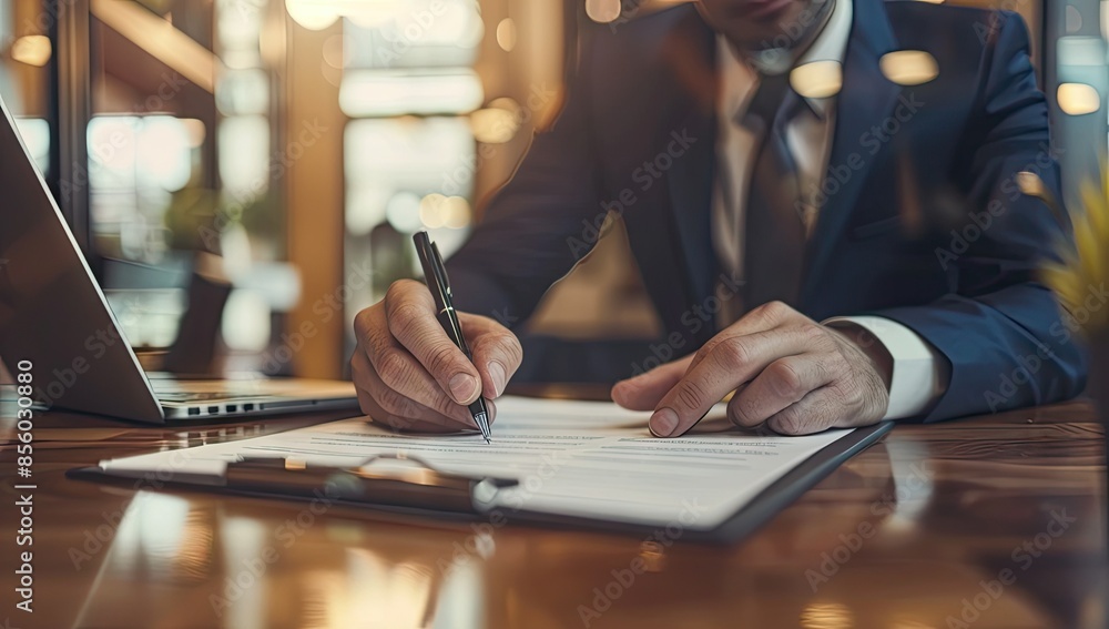 Businessman Signing a Document at a Desk Businessman Signing a Document at a Desk