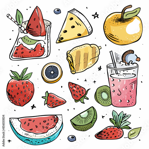 Fruit and berry smoothie set. Hand drawn vector illustration.