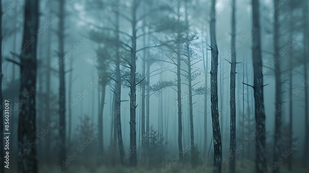 Obraz premium Moody and Atmospheric Foggy Forest Landscape with Tall Trees and Ample Copy Space