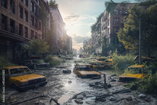 A photo of a post-apocalyptic cityscape with water, trees and debris on the streets. This illustrates the concept of environmental catastrophe, floods, climate emergency, and global warming.