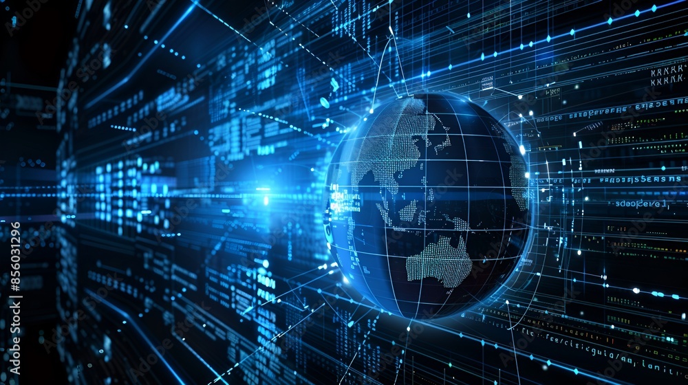 A digital globe connected by a network of code against a futuristic background A digital globe connected by a network of code against a futuristic background