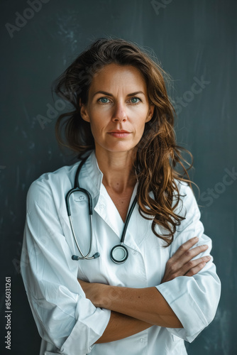Portrait of a confident female doctor with arms crossed, wearing a white coat and stethoscope