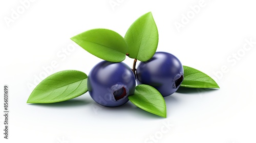 A photo of fresh blueberries with green leaves on a white background. photo