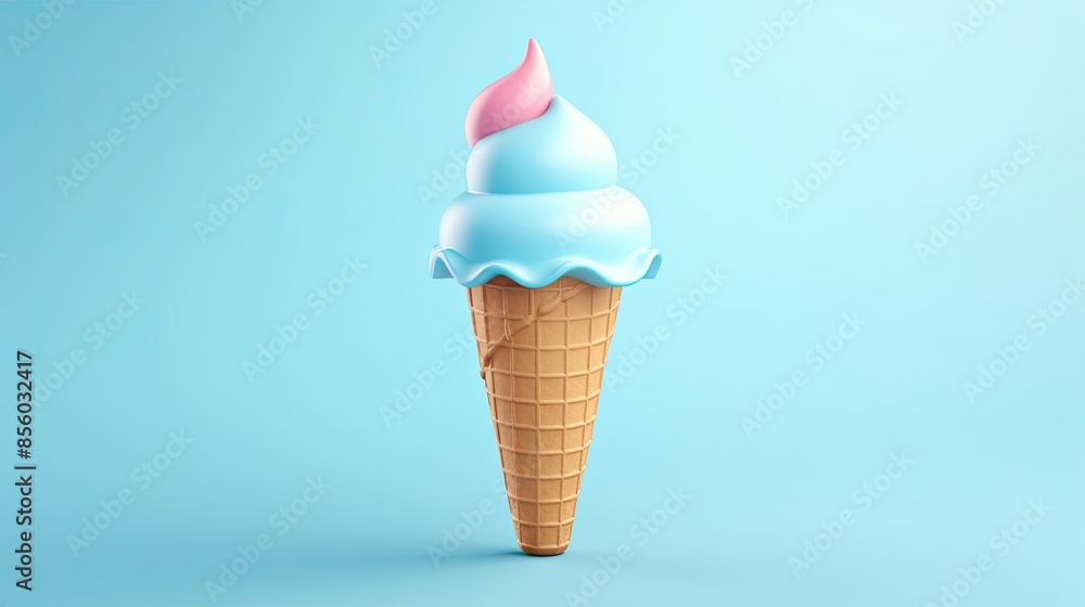 3D rendering of a single ice cream cone with two scoops of ice cream, one blue and one pink, on a blue background. 3D rendering of a single ice cream cone with two scoops of ice cream, one blue and one pink, on a blue background.