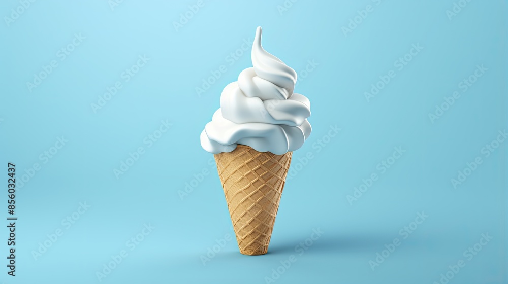 3D rendering of a single vanilla ice cream cone with a soft serve swirl on a blue background. 3D rendering of a single vanilla ice cream cone with a soft serve swirl on a blue background.