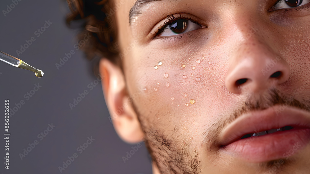 Obraz premium Beauty, portrait and serum with man in studio for antiaging dermatology, skincare or wellness. Aesthetic, face or natural oil and model with dropper to apply collagen or hyaluronic acid to skin