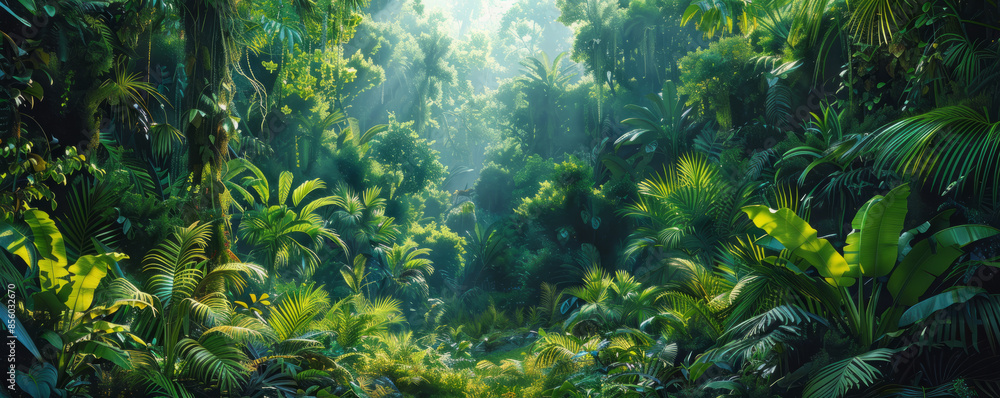Fototapeta premium A dense rainforest teeming with life, its trees towering overhead and its undergrowth filled with exotic plants and animals.