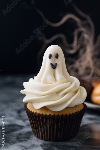 Halloween ghost cupcake. Festive scary dessert or muffin on traditional party decorated with white frosting. Close up. photo