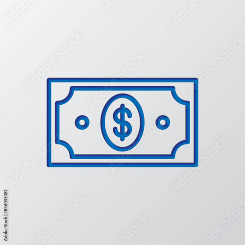 Dollar simple icon, vector. Flat design. Paper cut design. Cutted blue symbol with shadow. Gray background