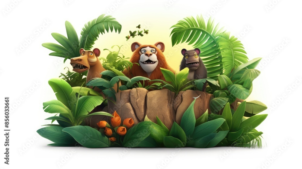 Naklejka premium A group of cute and friendly wild animals in the jungle. They are standing on a rock in front of a lush green background.