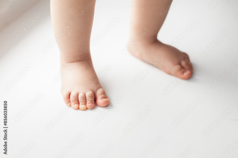 Baby barefoot standing on white background. Closeup. Baby barefoot standing on white background. Closeup.