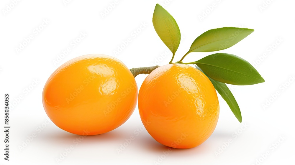 Two ripe and juicy mandarin oranges with green leaves isolated on white background. The image is rendered in 3D and the objects are photorealistic. Two ripe and juicy mandarin oranges with green leaves isolated on white background. The image is rendered in 3D and the objects are photorealistic.